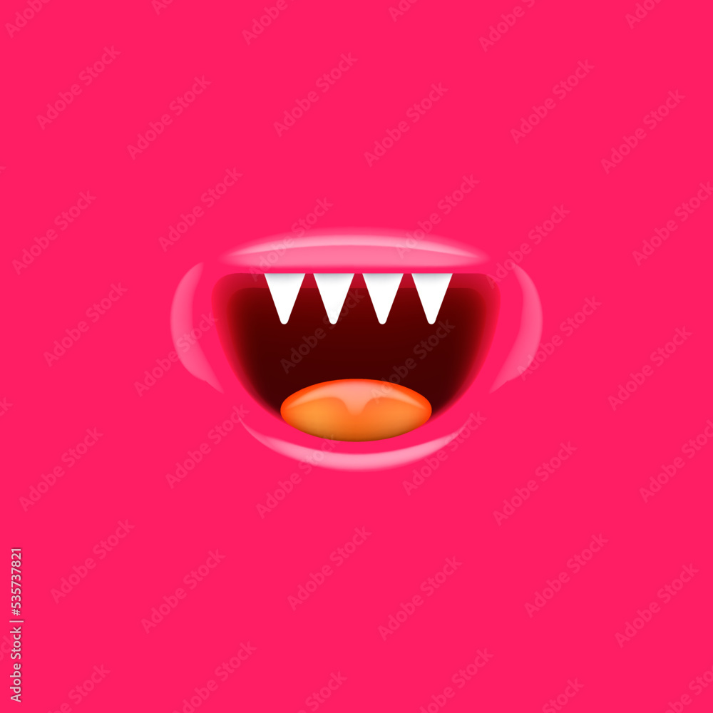 Obraz premium Vector Cartoon vampire mouth with fangs isolated on pink background. Funny and cute pink Halloween Monster mouth with teeth and tongue