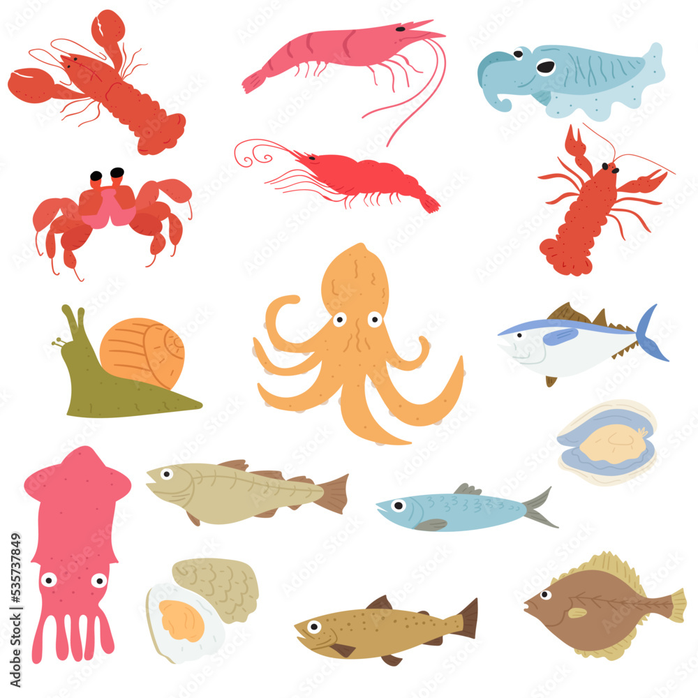 Naklejka premium Seafoods. Hand drawn flat icons. Vector illustrations on white background.