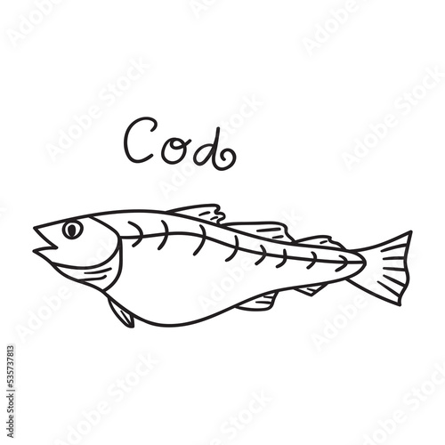 Cod. Outline illustration on white background.