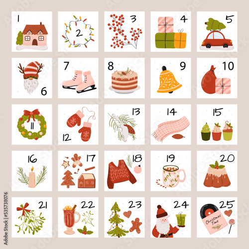 Christmas advent calendar with hand drawn elements. Vector illustration