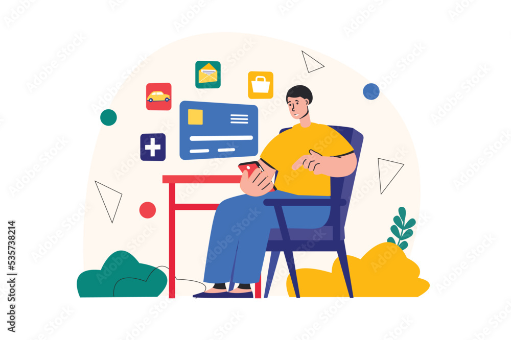 Planning financial budget concept with people scene in the flat cartoon style. Man pays for all the services he uses over the phone. Vector illustration.