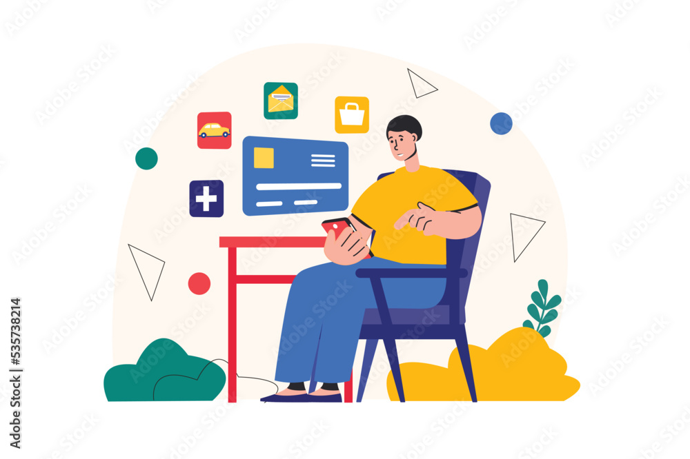 Planning financial budget concept with people scene in the flat cartoon style. Man pays for all the services he uses over the phone. Vector illustration. Planning financial budget concept with people scene in the flat cartoon style. Man pays for all the services he uses over the phone. Vector illustration.