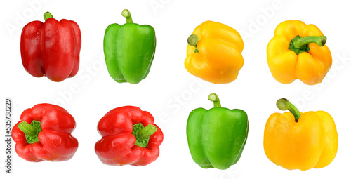 Group of colored bell peppers or Capsicum isolated on on transparent background   PNG file.