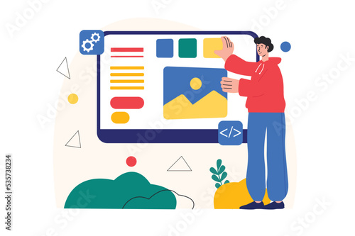 Web design concept with people scene in the flat cartoon style. Designer composes the content of the site on a large monitor. Vector illustration.