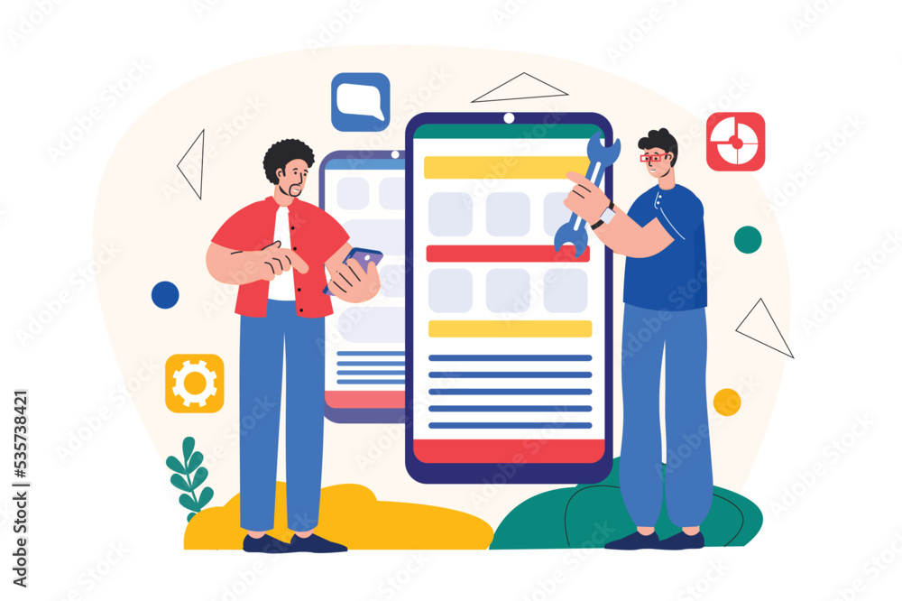 App development concept with people scene in the flat cartoon style. Two programmer work with site settings over the phone. Vector illustration.
