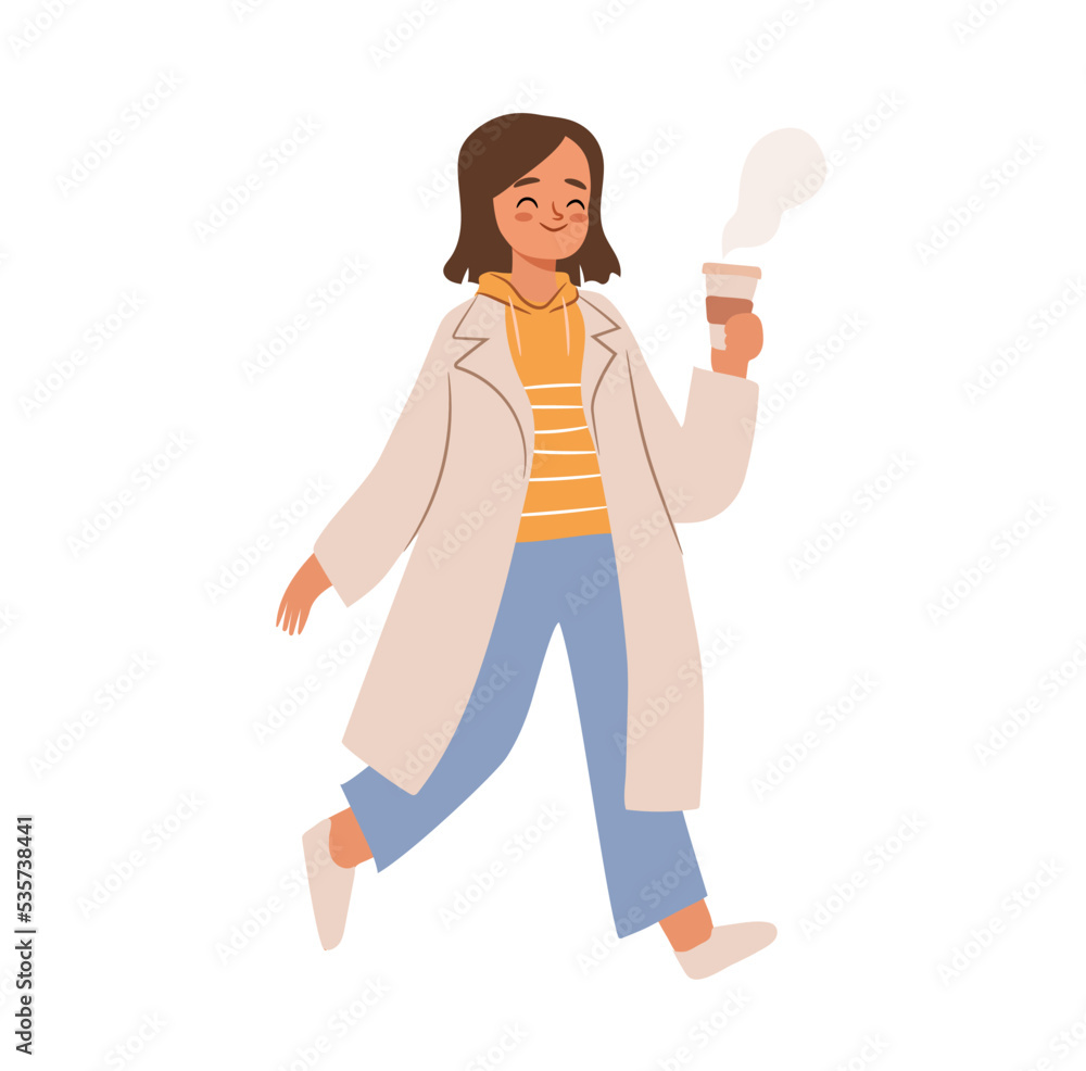 Happy autumn girl walking with coffee.Flat vector character illustration Happy autumn girl walking with coffee.Flat vector character illustration