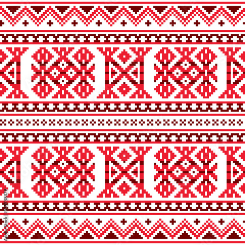 Sami folk art vector seamless pattern, retro design styled as traditional cross-stitch ornament from Lapland in red
