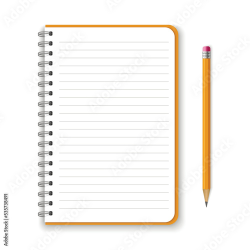 Mockup blank notebook rounded corners and yellow pencil isolated on white background.  Template spiral copybook or organizer.