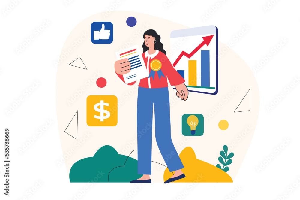 Business award concept with people scene in the flat cartoon design. Manager follows the rapid growth of profits of the business company. Vector illustration.
