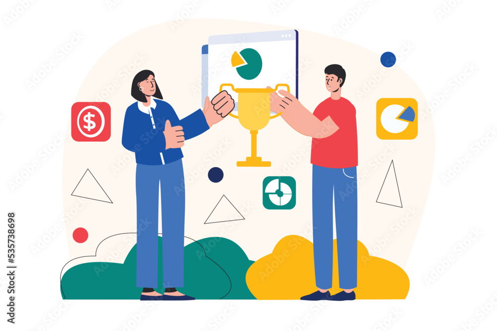 Business award concept with people scene in the flat cartoon style. Two businessman partners share the success of joint work in the company. Vector illustration.