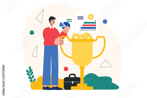 Concept Business award with people scene in the flat cartoon style. Businessman is happy for the victory of his company. Vector illustration.