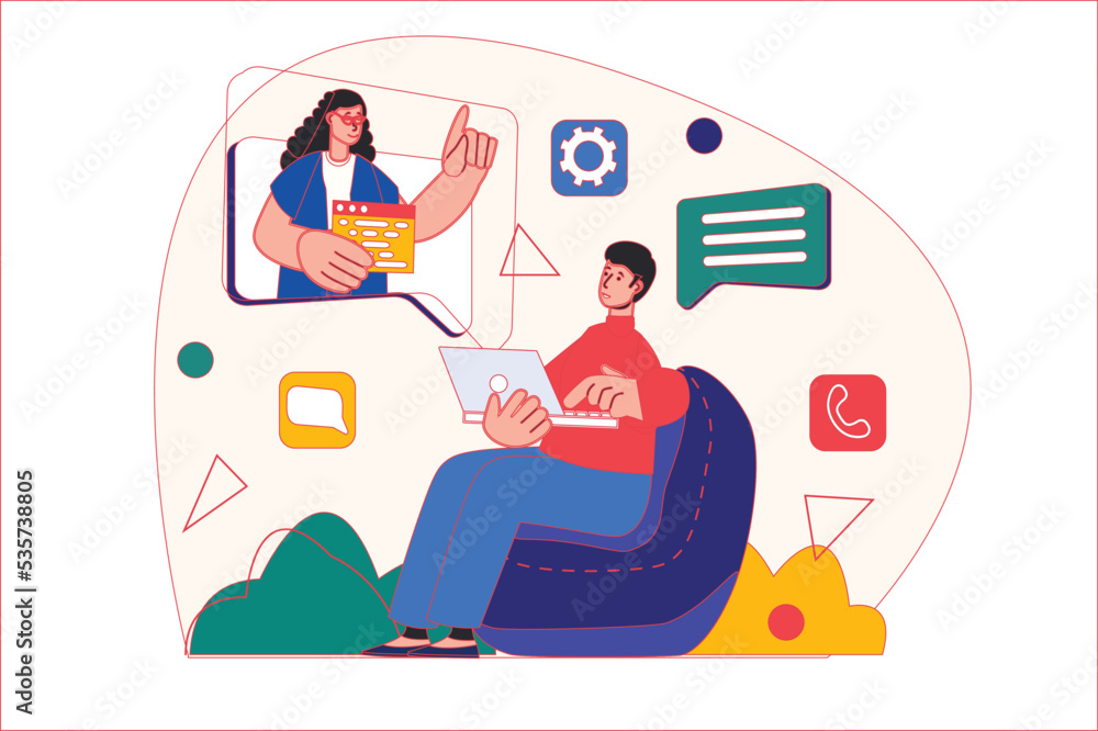 Concept Teamwork with people scene in the flat cartoon design. Man asks a more experienced employee for advice on some tasks. Vector illustration.