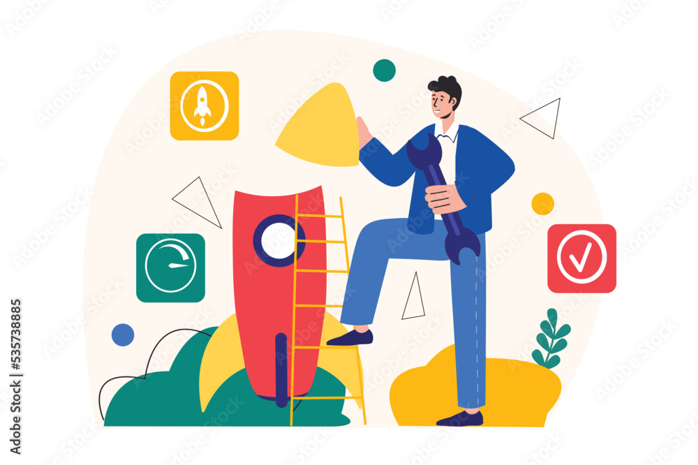 Concept Business startup with people scene in the flat cartoon design. Man puts the finishing touches on the project before it start. Vector illustration. Concept Business startup with people scene in the flat cartoon design. Man puts the finishing touches on the project before it start. Vector illustration.