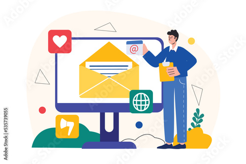Concept Email marketing with people scene in the flat cartoon style. Man sends an e-mail over the Internet using a computer. Vector illustration.