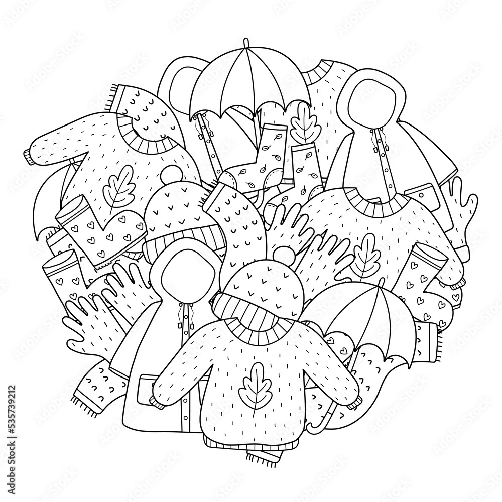 Cozy Autumn Clothes Circle Shape Coloring Page Doodle Warm Clothes Cozy Autumn Clothes Circle Shape Coloring Page Doodle Warm Clothes