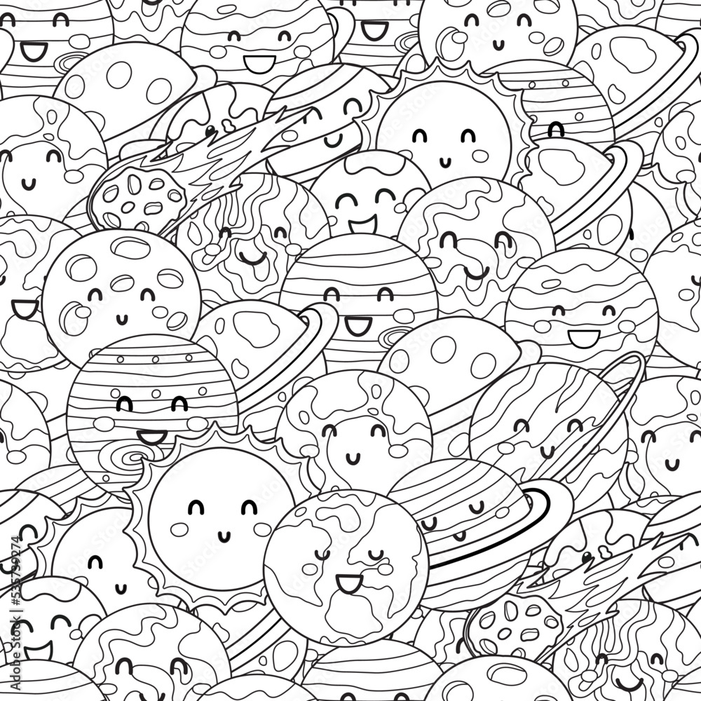 Cute planets space seamless pattern. Solar system planet characters black and white coloring page for adult and kids. Vector illustration