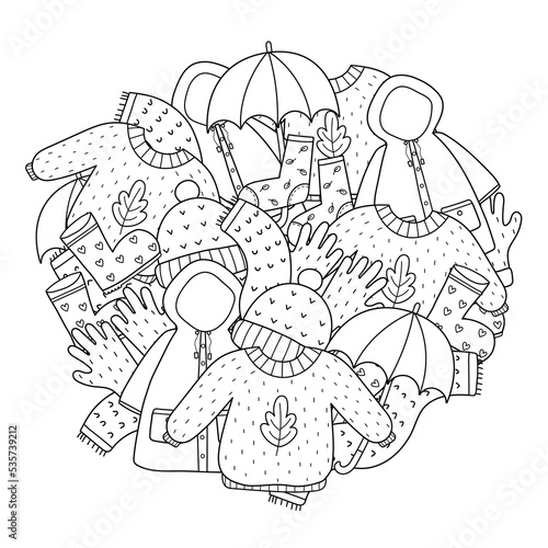 Cozy autumn clothes circle shape coloring page. Doodle warm clothes mandala for coloring book. Antistress activity for adults and kids. Vector illustration