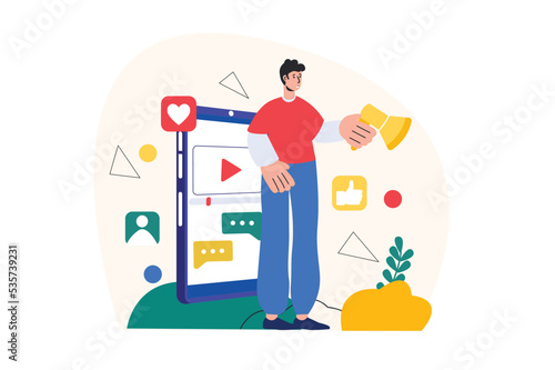 Video marketing concept with people scene in the flat cartoon style. Man talks about new products and services in video. Vector illustration.