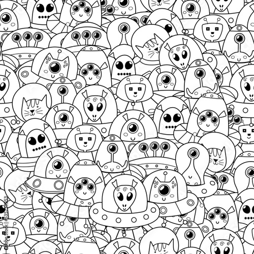 Doodle aliens seamless pattern. Space black and white coloring page for adult and kids with cute ufo characters. Vector illustration