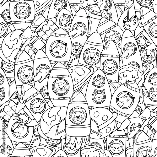 Cute animals in rocket seamless pattern. Space black and white coloring page for adult and kids with cosmic characters. Vector illustration