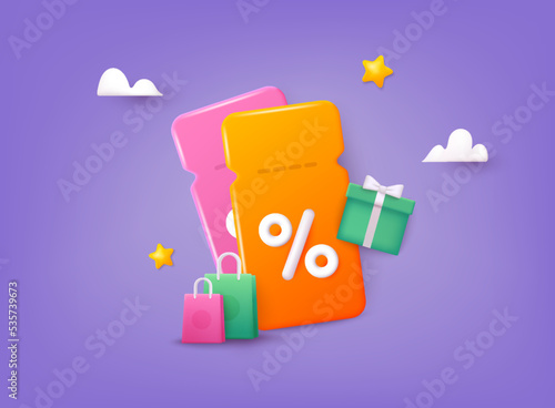 Online shopping tag price 3d render vector, discount coupon of cash for future use. Special offer promotion on 3d price tags. 3D Web Vector Illustrations.