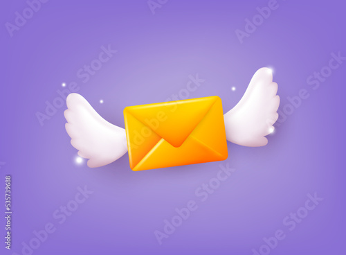 Flying envelope wings, incoming mail notify, newsletter and online email concept. 3D Web Vector Illustrations.