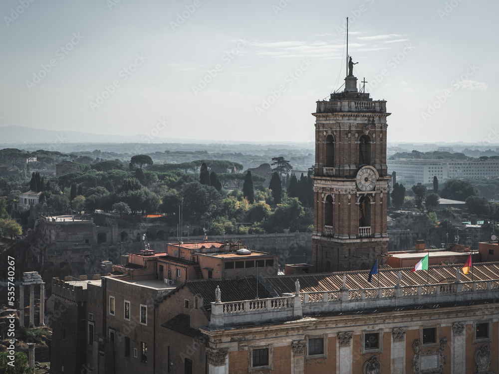 Rooftop view on the clock tower in city of Rome