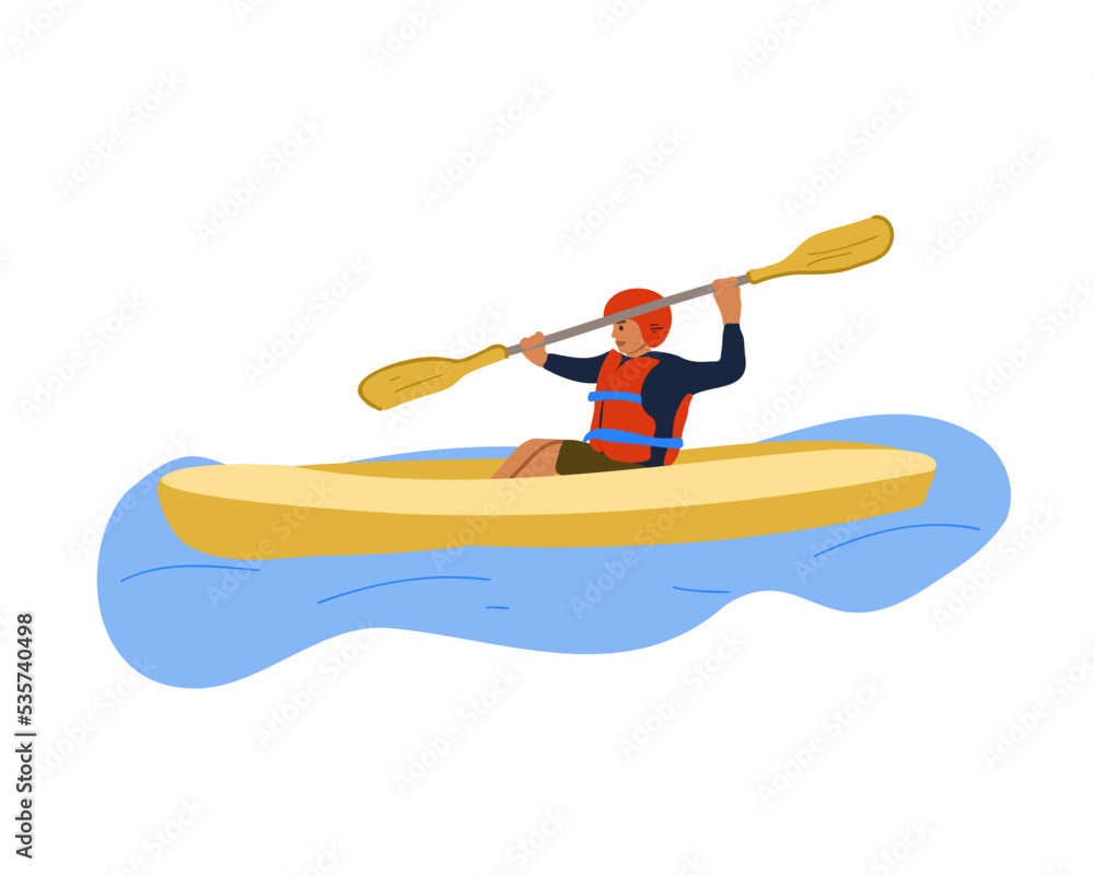 
Happy man kayaking or canoeing on the river, rowing in a boat. Rafting. Flat vector illustration isolated on white background