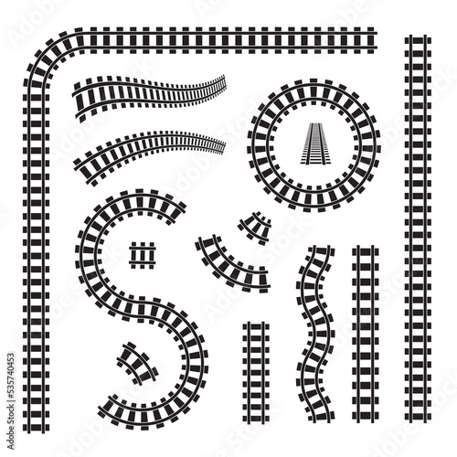 Railway Icon Set, Rails Symbol, Train Tracks Sign, Railroad Pictogram, Railway Track Silhouette