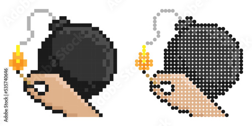 Pixel icon. Hand with match lights fuse of bomb. Incitement to conflict, provocation to enmity. Simple retro game vector isolated on white background photo