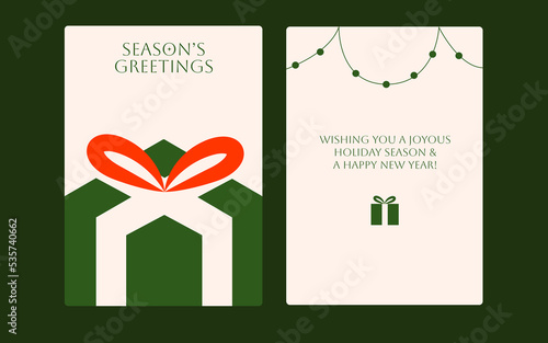 Modern Minimalistic Christmas Cards Cover and Contents. Christmas Card template with contemporary, slick and aesthetic 3D Gift box illustration. Vectorize illustration with adjustable text