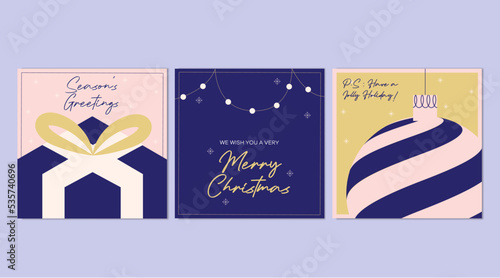 Modern Aesthetics Square Christmas Cards Design. Adjustable Christmas Card with Merry Christmas wishes decorated with Giftbox, Lights and Ornaments Illustration.