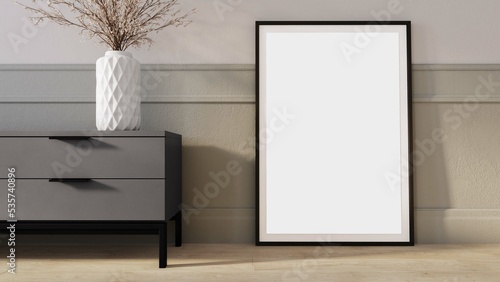 Projekt salonu. Widok na nowoczesne wnętrze z szarą szafką RTV, dekoracjami i obrazem w ramce dla edycji. koncepcja minimalizmu