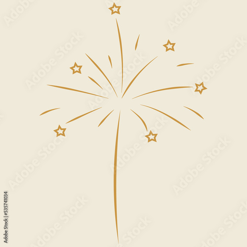  Gold vector fireworks and stars on beige. Festive Birthday  Christmas or New Year clip art.