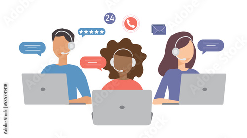 customer service, hotline operator, advises customer, online global technical support, vector illustration