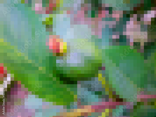 Abstract pixel background  in it appears an object that resembles a green fruit.