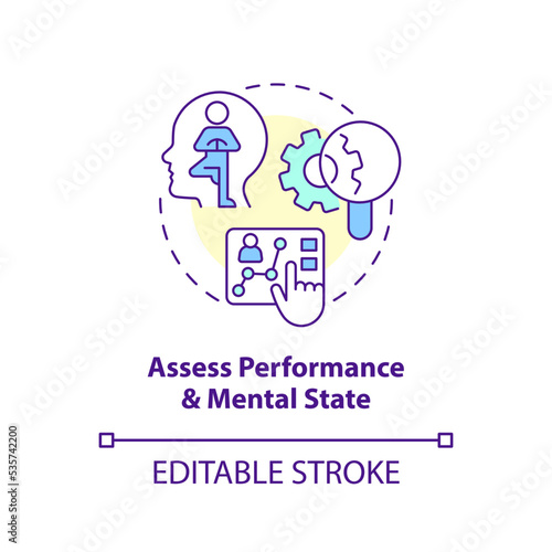 Assess performance and mental state concept icon. Behavior research. User experience abstract idea thin line illustration. Isolated outline drawing. Editable stroke. Arial, Myriad Pro-Bold fonts used