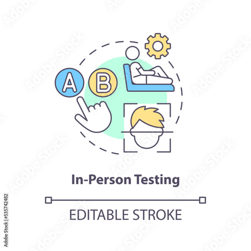 In-person testing concept icon. Product research. User physically present interviews abstract idea thin line illustration. Isolated outline drawing. Editable stroke. Arial, Myriad Pro-Bold fonts used