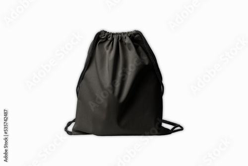 Black canvas drawstring backpack mockup, front view, 3d rendering. Empty linen or fabric haversack mock up, isolated. Clear cloth packing with strap template.