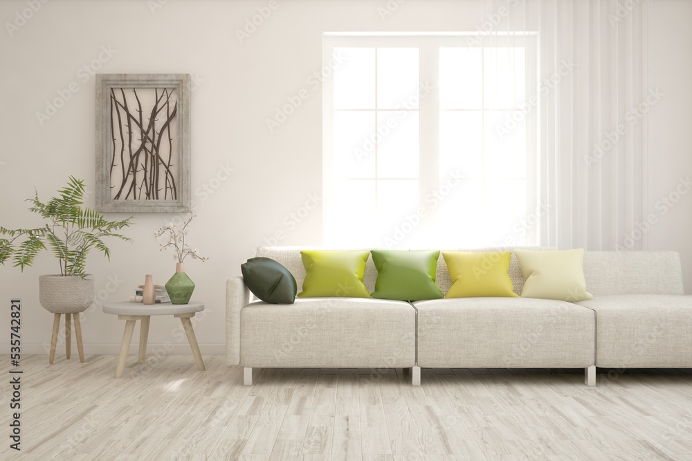 Fototapeta premium White living room with sofa. Scandinavian interior design. 3D illustration