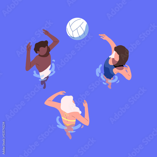 People playing with ball in water pool on summer vacation, top view. Friends in swimwear overhead, standing in sea during summertime holiday leisure, sport activity. Flat vector illustration © Paper Trident
