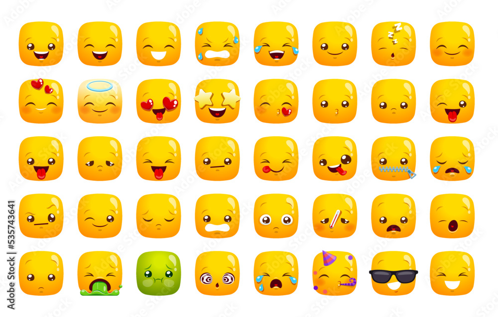 Smile emoji and expression icons of emoticon faces, vector happy, sad and angry set. Funny emoji or cute kawaii square smiles with laugh or love emotions, message chat expression emoticons pack Smile emoji and expression icons of emoticon faces, vector happy, sad and angry set. Funny emoji or cute kawaii square smiles with laugh or love emotions, message chat expression emoticons pack