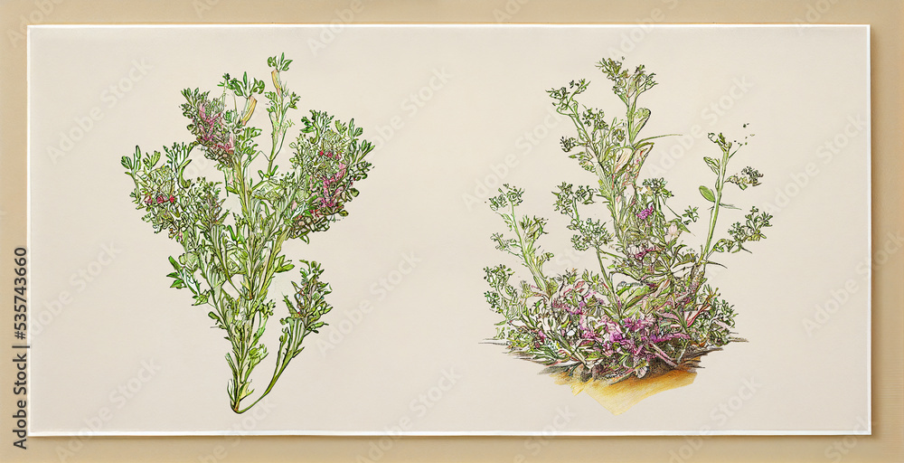 Thyme (Thymus Vulgaris). Botanical illustration on white paper. The