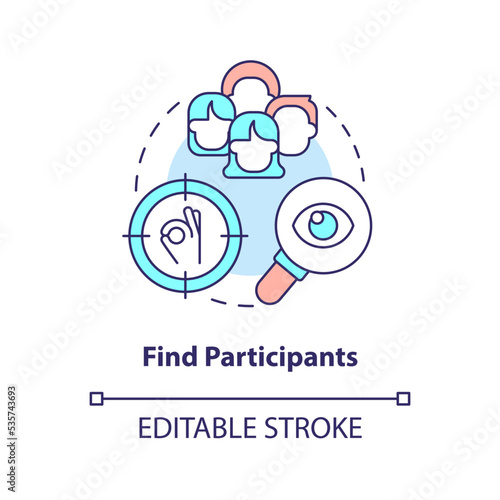 Find participants concept icon. Hiring members for surveys. Usability testing session abstract idea thin line illustration. Isolated outline drawing. Editable stroke. Arial, Myriad Pro-Bold fonts used