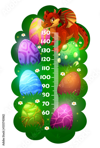 Kids height chart with cartoon red dragon and eggs on meadow, vector growth measuring meter. Child height scale and tall measurement rule with fantasy dragon lizard and magic eggs