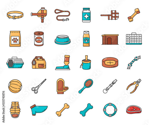 Dog and puppy pet care outline icons. Grooming, veterinary health, food and toy icons. Vector bones, bowls, kennel and collar, leash, brush and bed, ball, clippers and shampoo isolated symbols