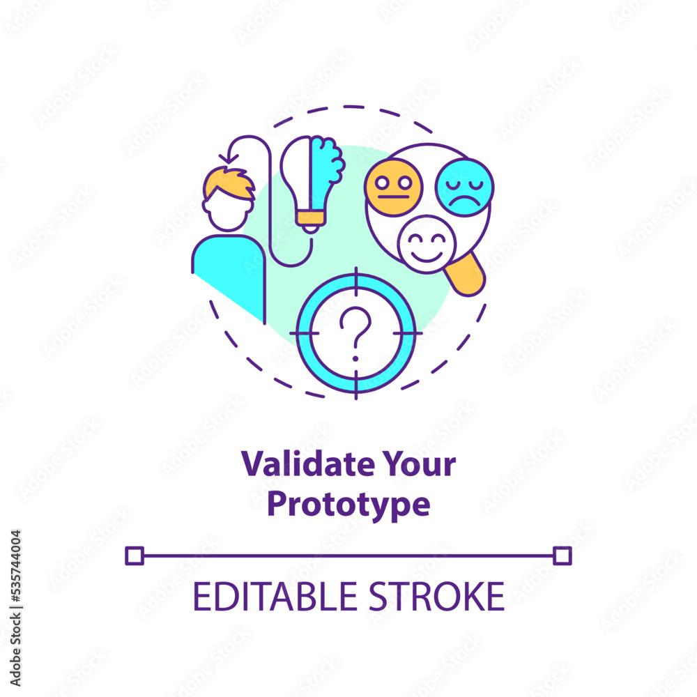 Validate your prototype concept icon. Users testing on early development stages abstract idea thin line illustration. Isolated outline drawing. Editable stroke. Arial, Myriad Pro-Bold fonts used