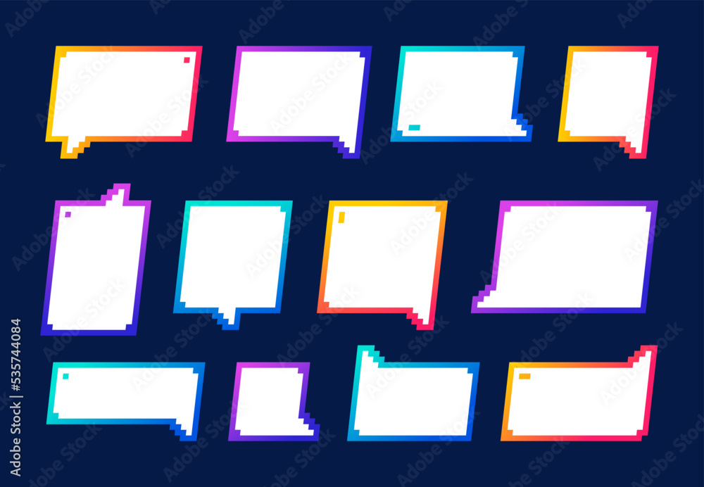Pixel game frames, borders and info boxes, text bubbles and speech balloons, vector 8 bit art. Pixel game retro text bubbles, 8bit chat talk, dialog and word message cloud frames and square borders