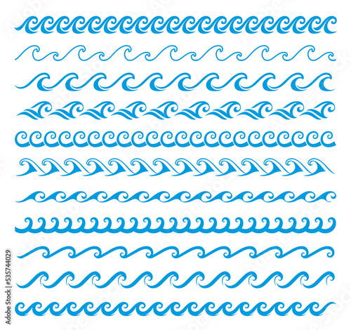 Sea and ocean surf wave lines. Blue water vector borders and frames. Water wave decoration line patterns set. Ocean water frame isolated separator, nautical frame border or divider