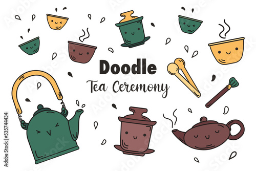 Set of items for traditional oriental tea drinking. Doodle style. Teapot, gaiwan, drinking bowls, jia tsu tongs, Teapot brush. Vector collection on white background photo